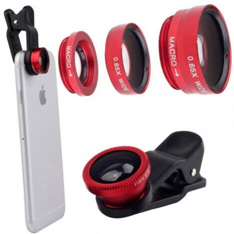 Kit Lentile Foto iUni 3-in-1 Macro, Wide Angle si FishEye compatibile cu Smartphone si Tableta, Rosu