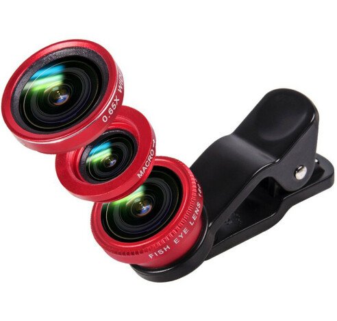 Kit Lentile Foto iUni 3-in-1 Macro, Wide Angle si FishEye compatibile cu Smartphone si Tableta, Rosu